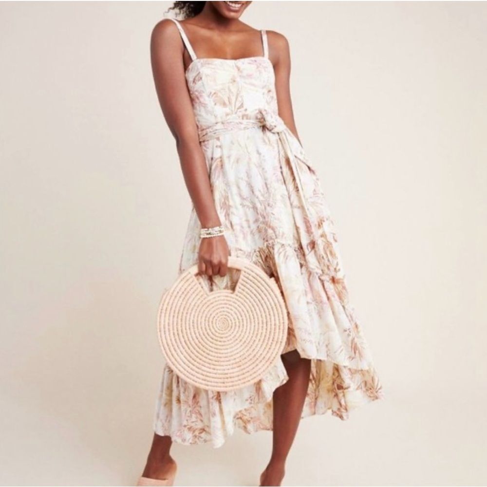 Anthropologie Adriana Convertable Strapless Dress Pink Cream Palm Print SZ 8